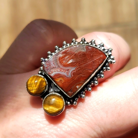 New Lake Superior Agate & Tiger Eye 925 Silver Ring. - Picture 2 of 13